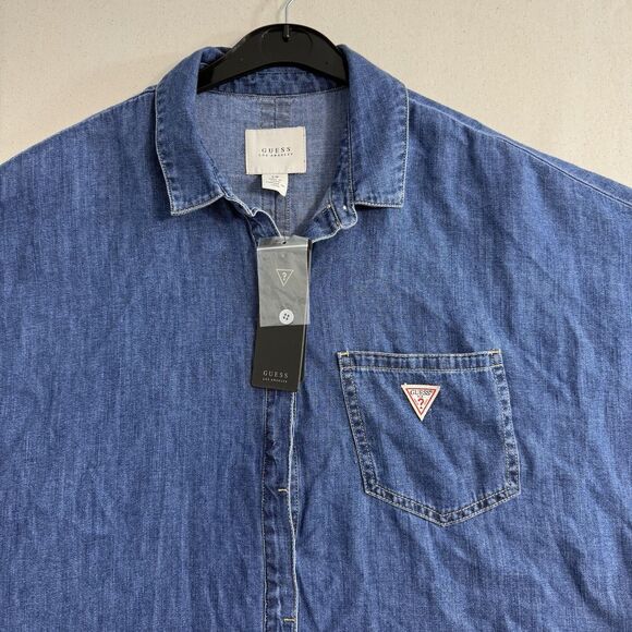 Guess Denim Longline Shirt Dress Women Oversize Small Light Medium Wash $98 NWT - Picture 5 of 9